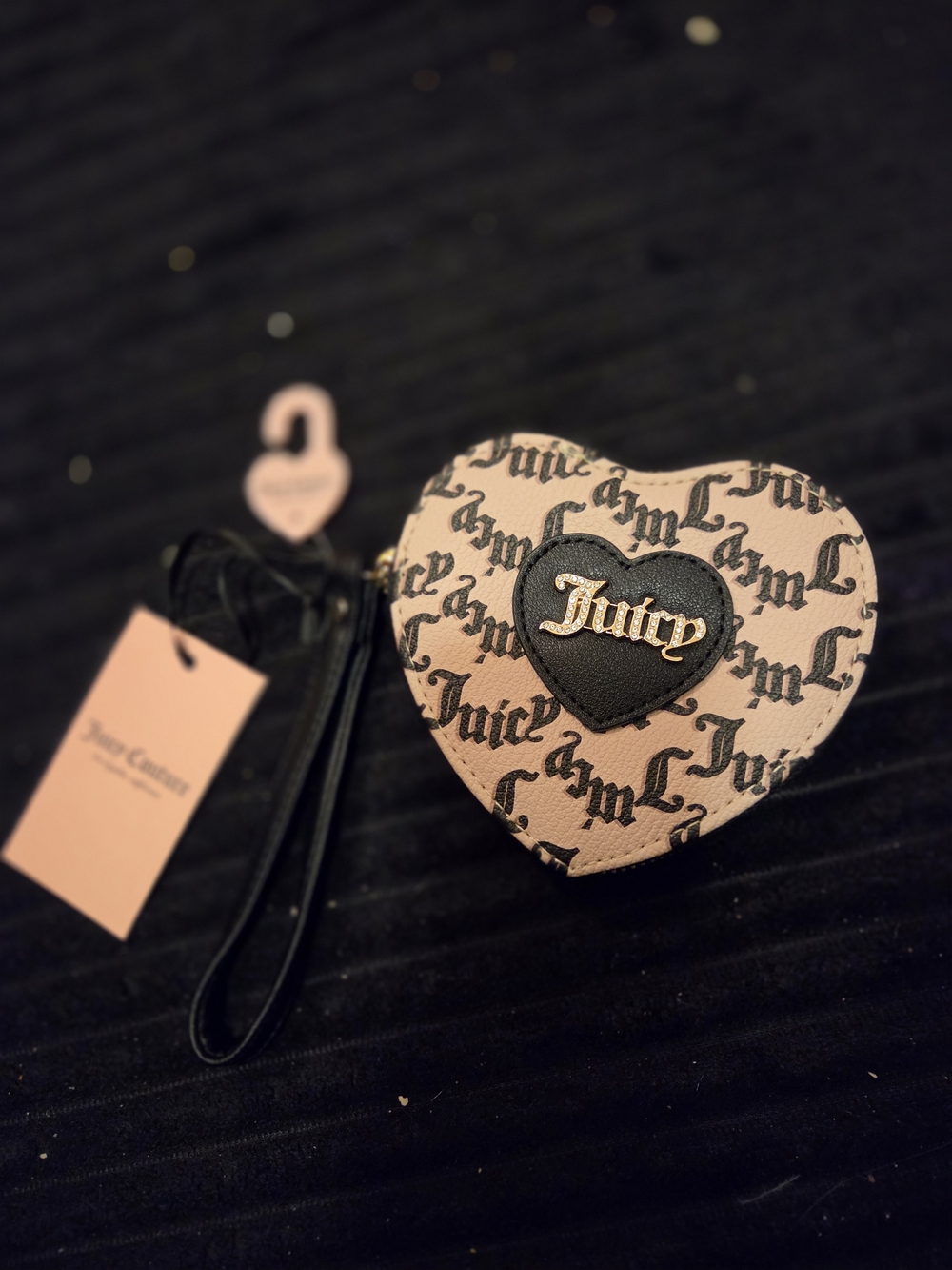 Juicy Couture Pink Heart Wristlet with Black Logo Patch